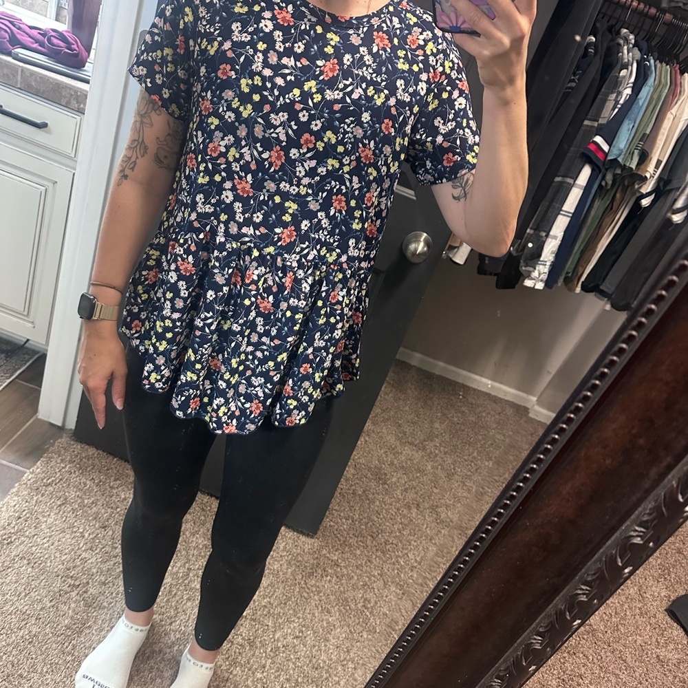 Roolee Navy Floral Peplum Tee with Multicolor Blooms